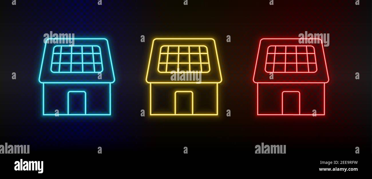 Neon icon set solar, home, charger. Set of red, blue, yellow neon vector icon Stock Vector