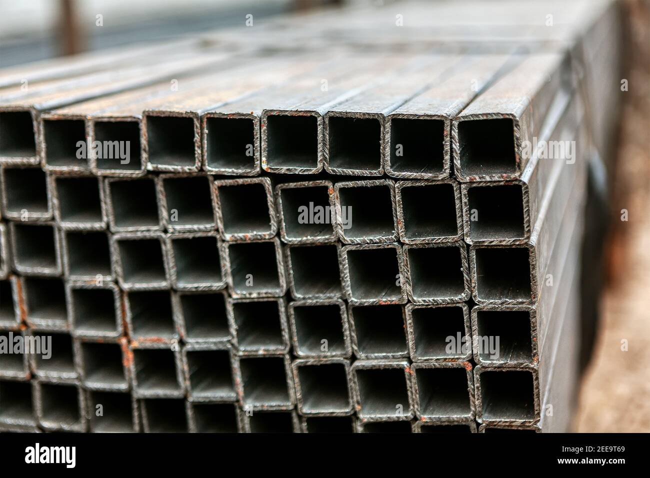 Hot Rolled Steel Square Tubes . Heavy Industry Stock Photo