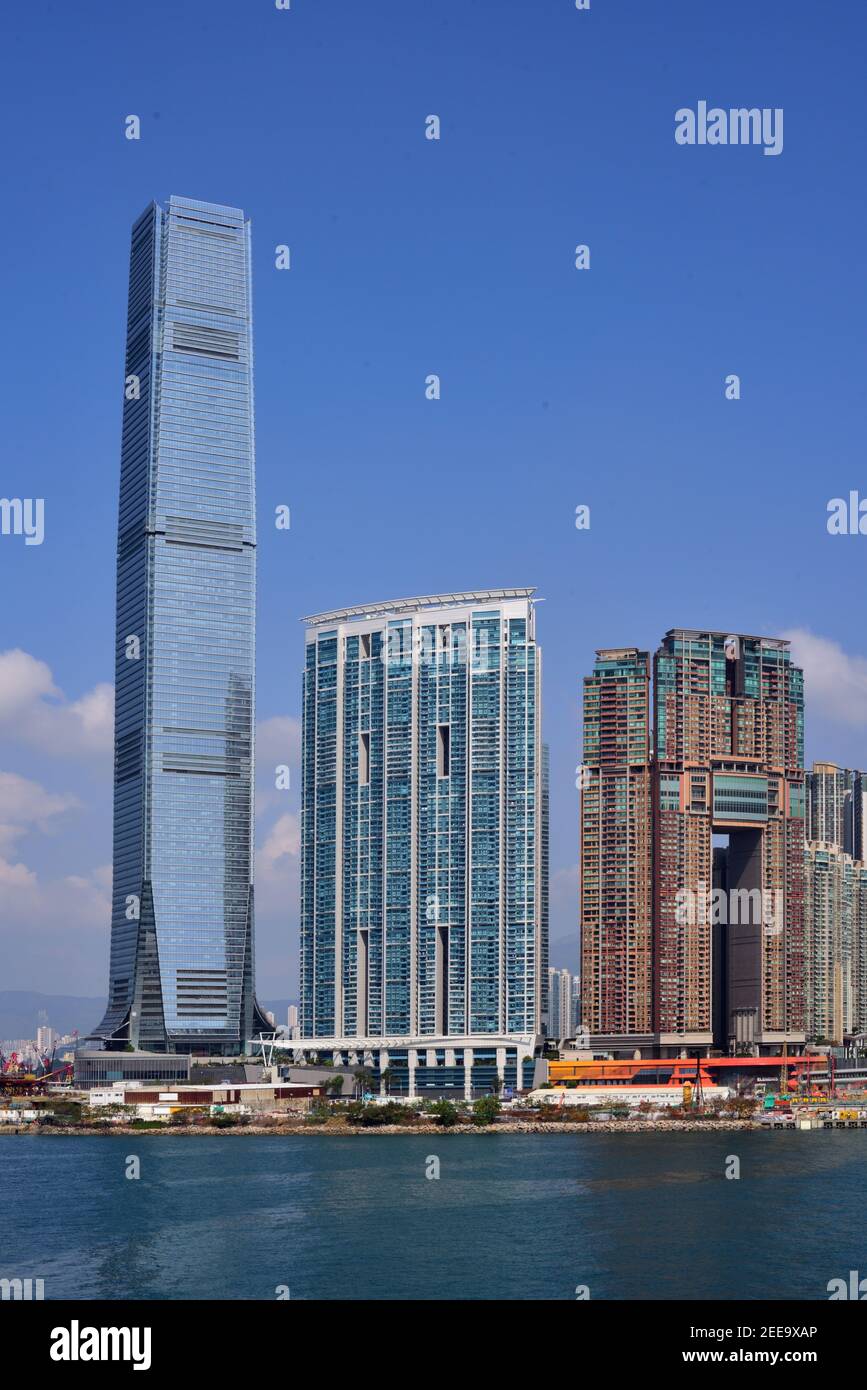 The International Commerce Centre, towering  at the waterfront of West Kowloon, alongside The HarbourSide and The Arch. Stock Photo