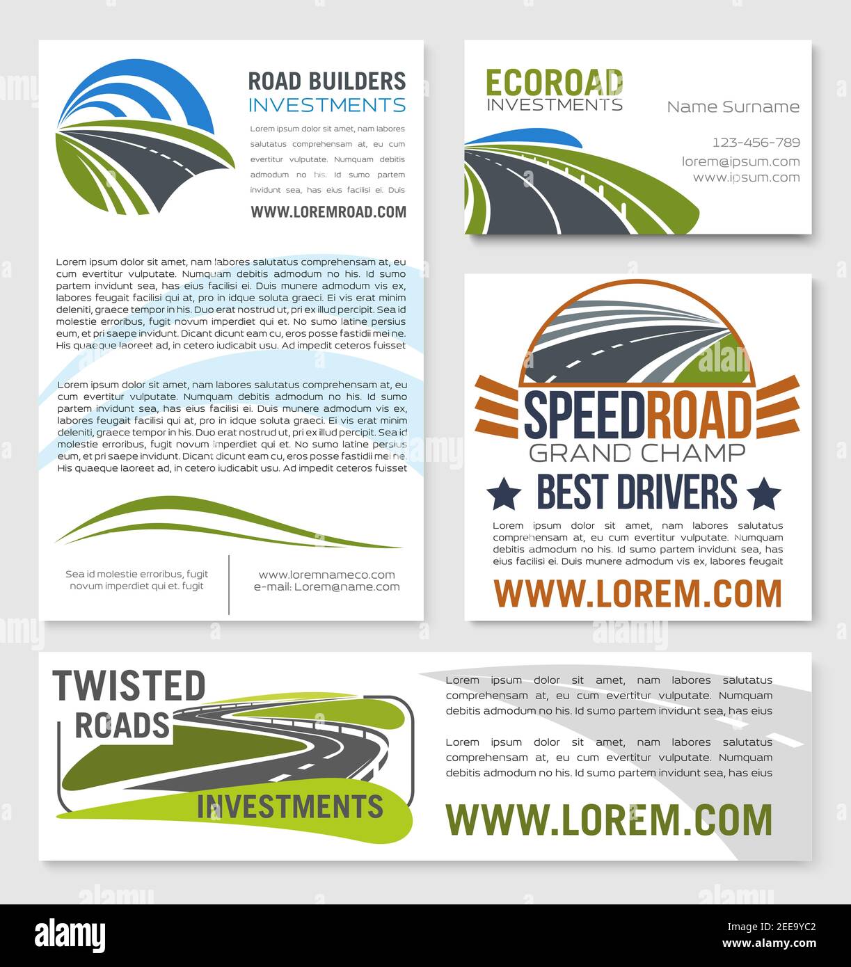 Road banners and posters for construction or investment company or motor races championship. Vector design of motorways path and curved lanes for eco Stock Vector