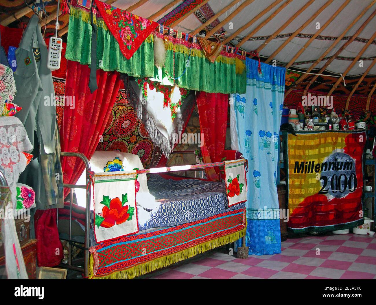 Bayan - Ulgii, Mongolia - October 07, 2018: decoration and order of things with Kazakh national patterns inside the house of nomads called a yurt in n Stock Photo
