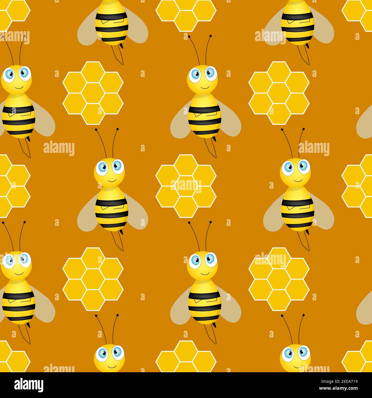 Seamless pattern with bees and honeycombs on brown background. Small ...