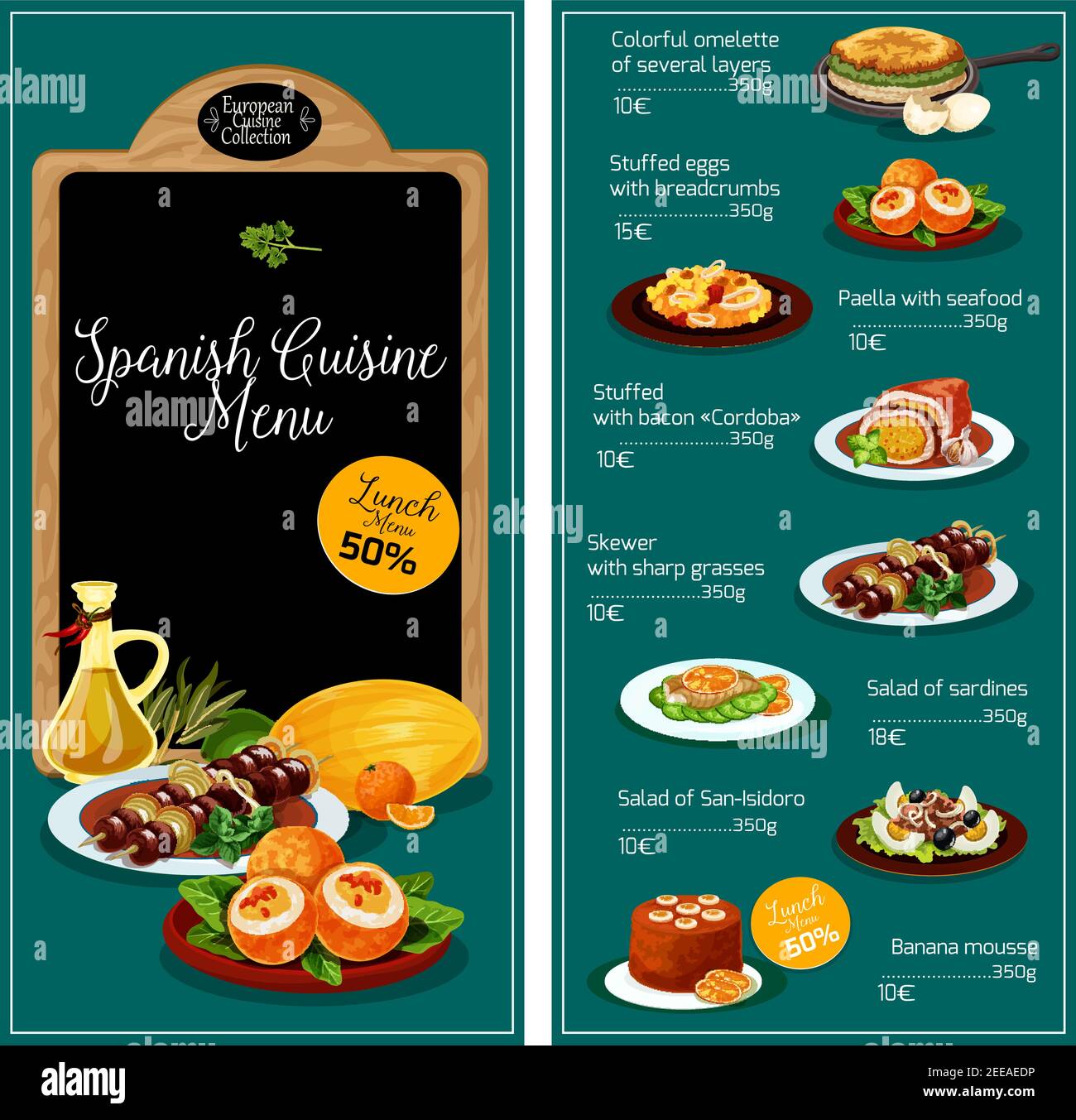 Spanish cuisine restaurant menu. Spain traditional meat hot dishes, soups  and vegetable salads, snacks or appetizers and sweet desserts.  Mediterranean Stock Vector Image & Art - Alamy