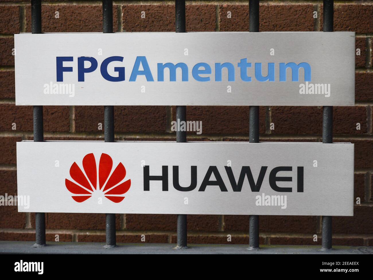 Dublin, Ireland. 15th Feb, 2021. Huawei and FPG Amentum logos seen on a  gate outside Huawei Dublin office on Grand Canal, in Dublin. Credit: SOPA  Images Limited/Alamy Live News Stock Photo -