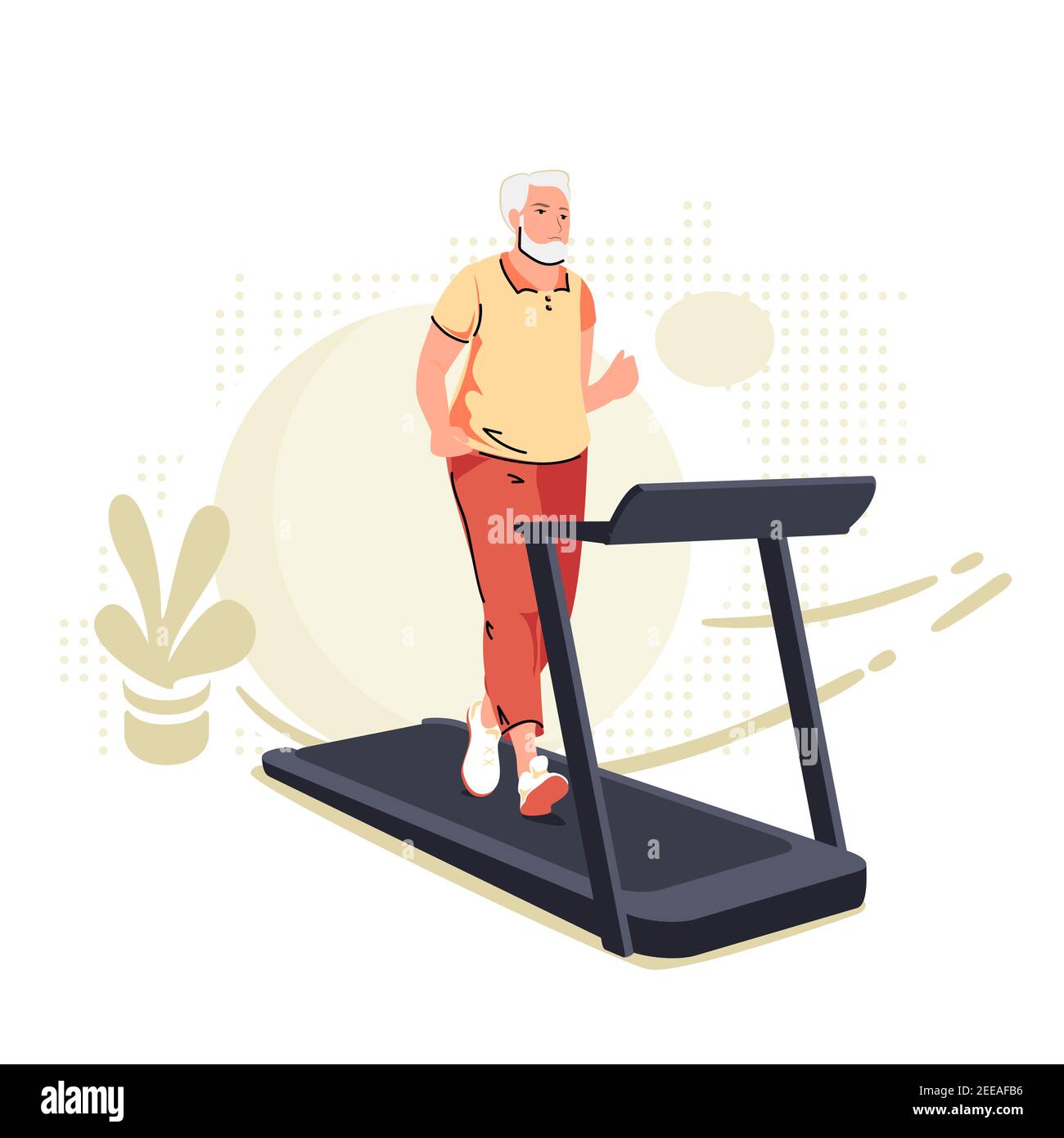 Active senior man on a treadmill at home. Lifestyle sport activities in old age. Sportive grandfather on training machine, cartoon character. Gym tool. Vector illustration in modern flat style. Stock Vector