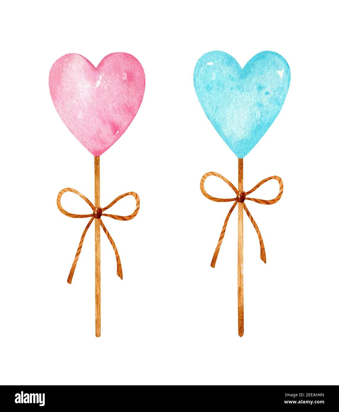 Watercolor set with pink and blue heart-shaped lollipops with bows.  Hand-drawn illustration isolated on white background Stock Photo - Alamy