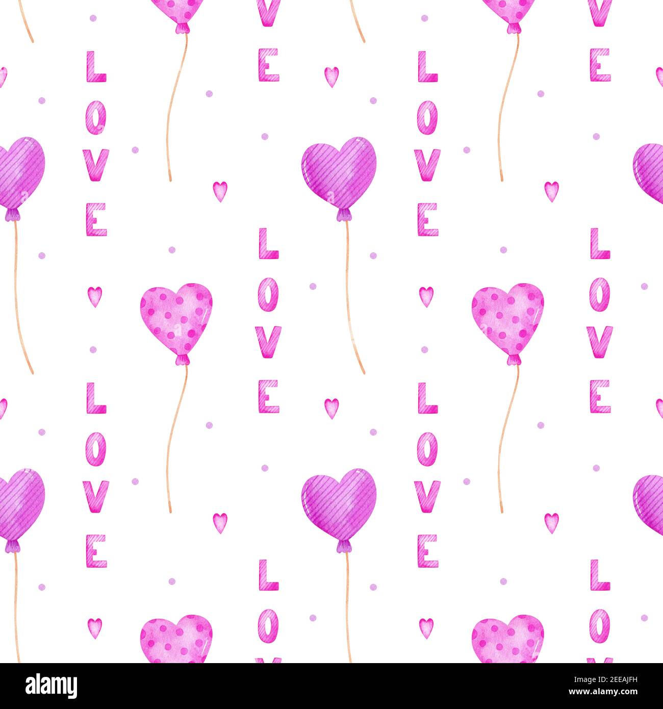 Valentine's day watercolor seamless pattern with pink and purple balloons, hearts and the inscription - Love. Festive romantic design. Stock Photo