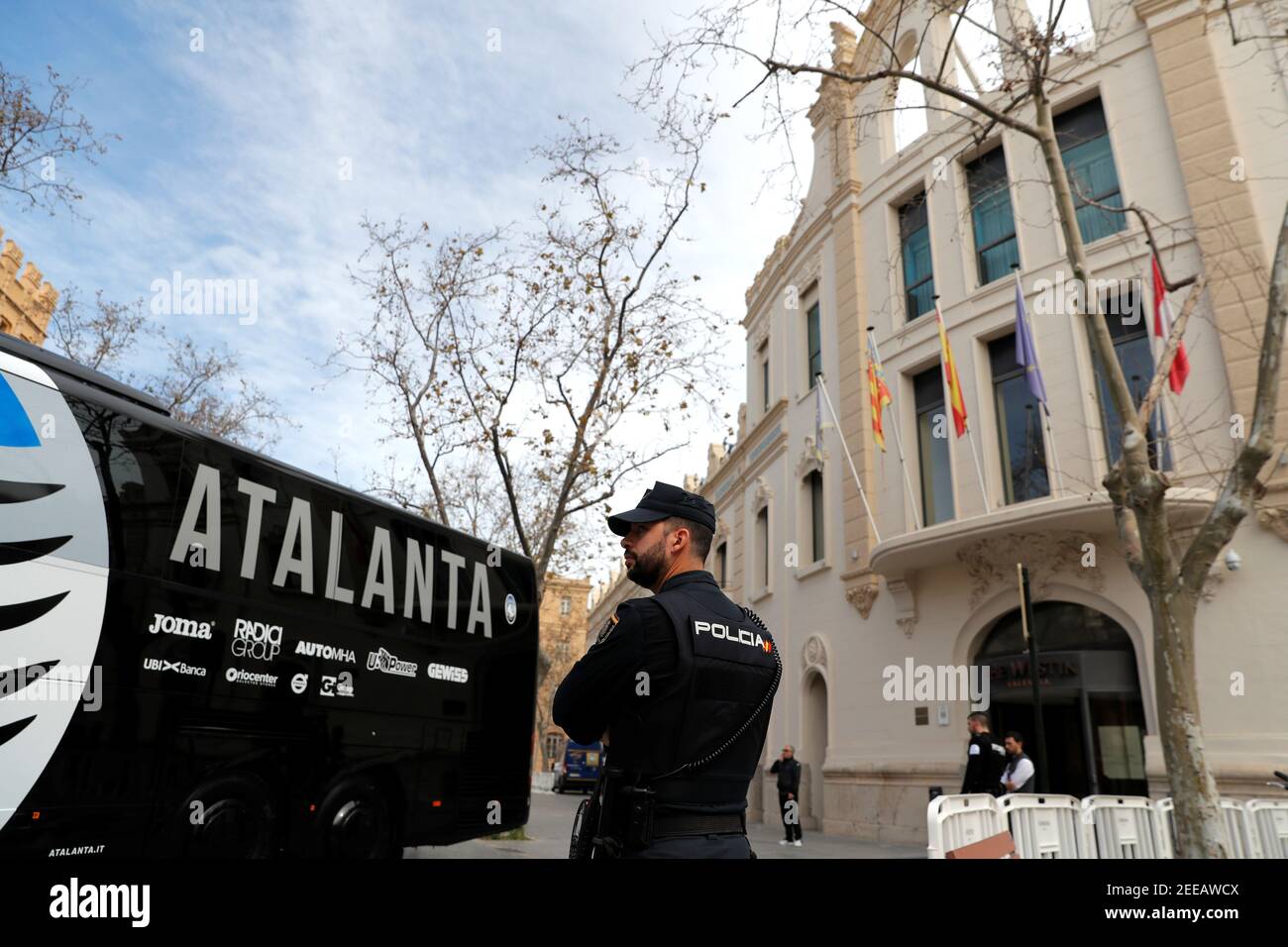 Soccer Football - Champions League - Atalanta arrive at their Hotel in  Valencia - The Westin Hotel, Valencia, Spain - March 9, 2020 General view  of a security officer as the Atalanta