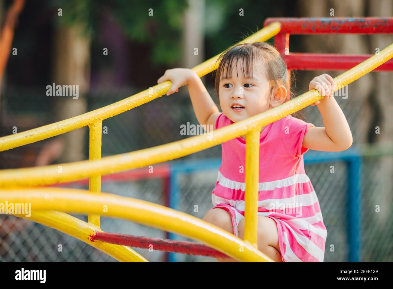 School kids play and learn in the playgound. Physical activity like climbing are good for develop movement and muscle in children Stock Photo