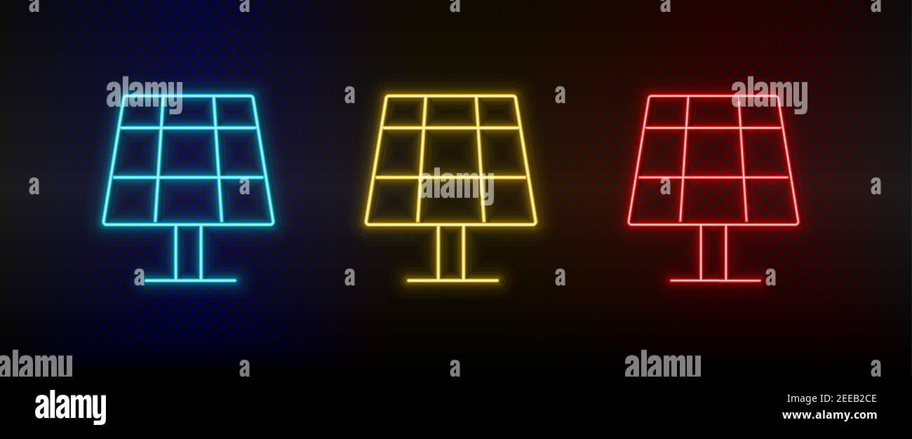 Neon icon set battery, solar. Set of red, blue, yellow neon vector icon Stock Vector