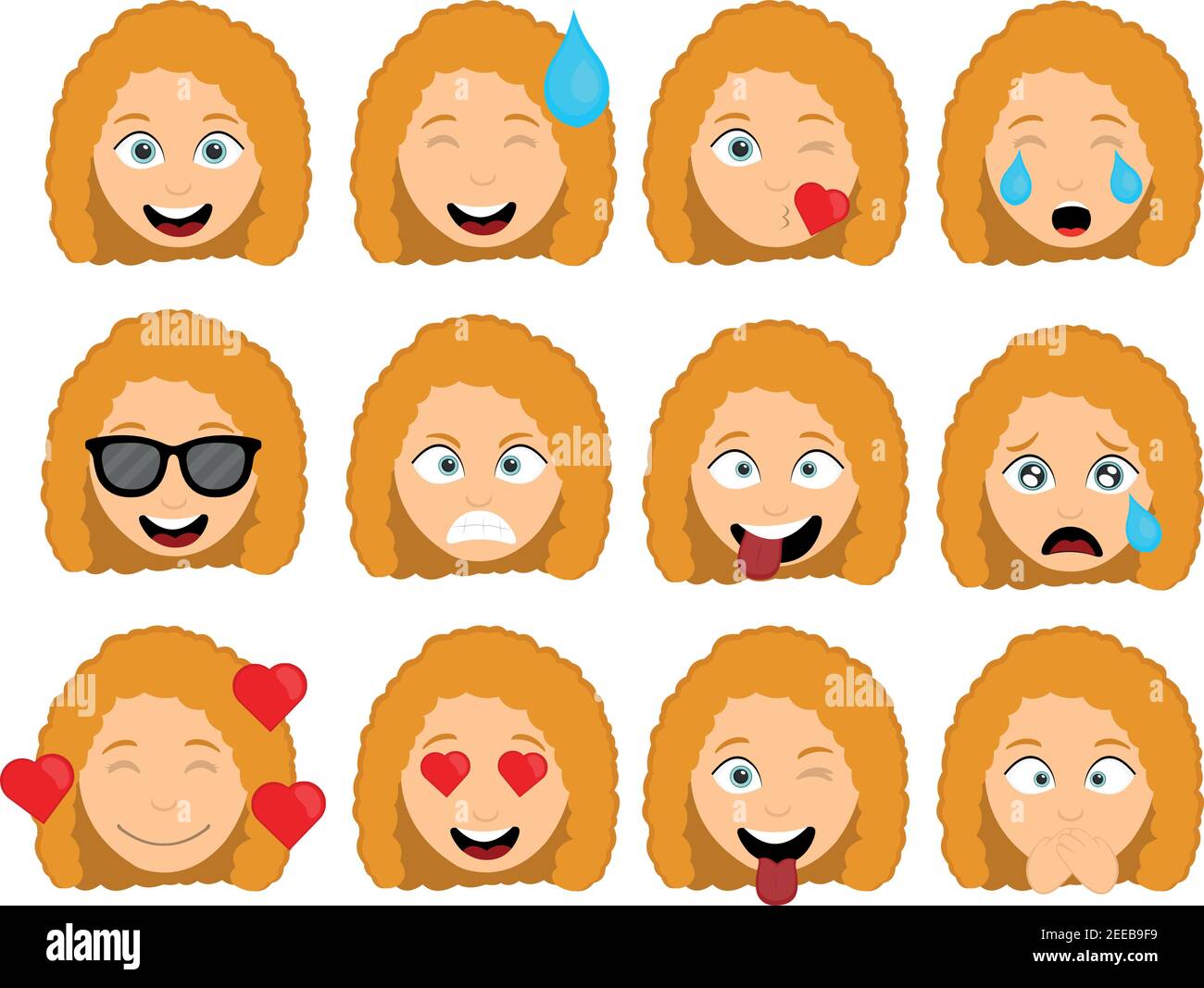 Vector illustration of emoticons of the head of a cartoon woman with various expressions and emotions, of joy, love and angry Stock Vector