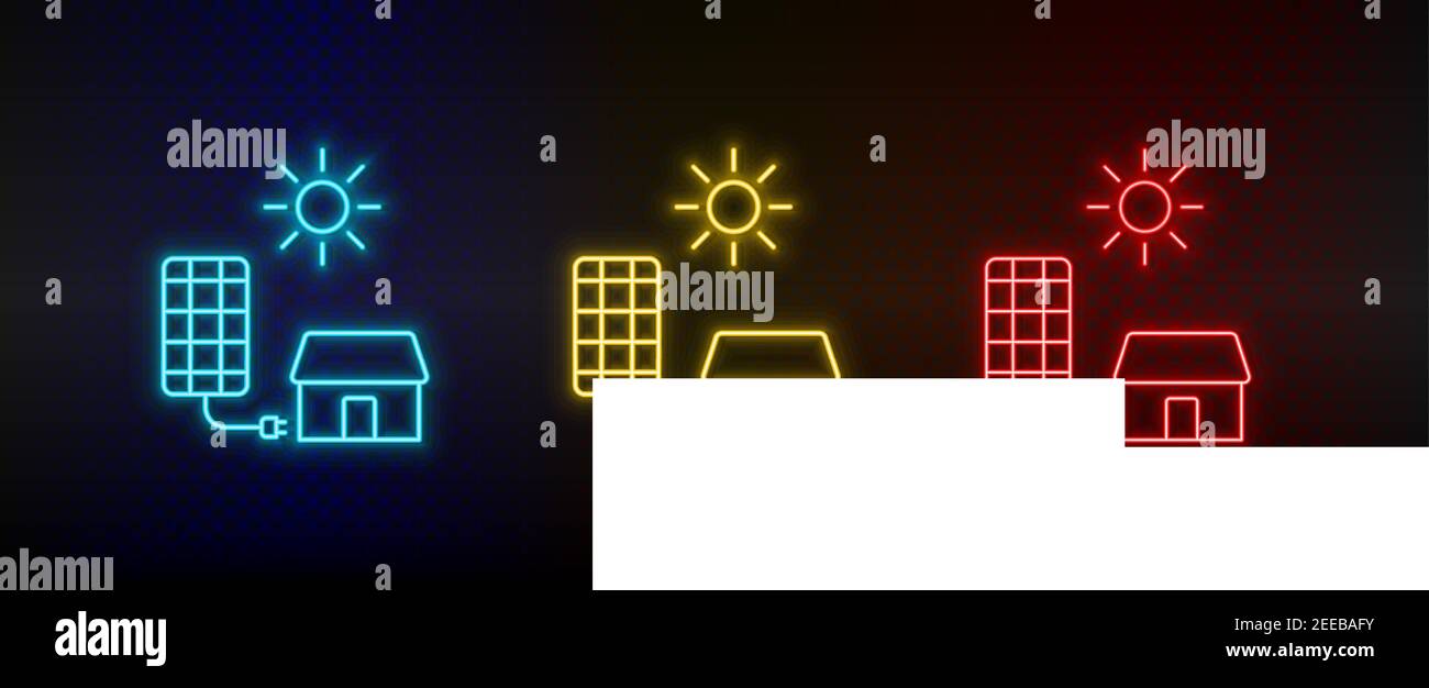 Neon icon set solar, charger, home. Set of red, blue, yellow neon vector icon Stock Vector