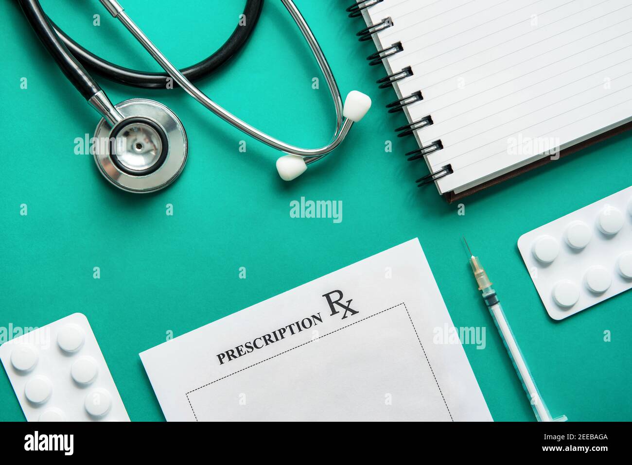 Medical equipments including stethoscope, syringe, prescription