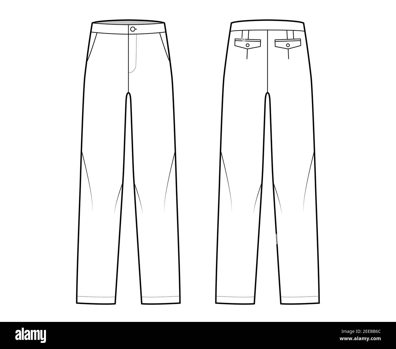 Pants straight silhouette technical fashion illustration with flat front,  low waist, rise, full length, slant, flap pockets. Flat trousers apparel  template back, white color. Women, unisex CAD mockup Stock Vector Image 