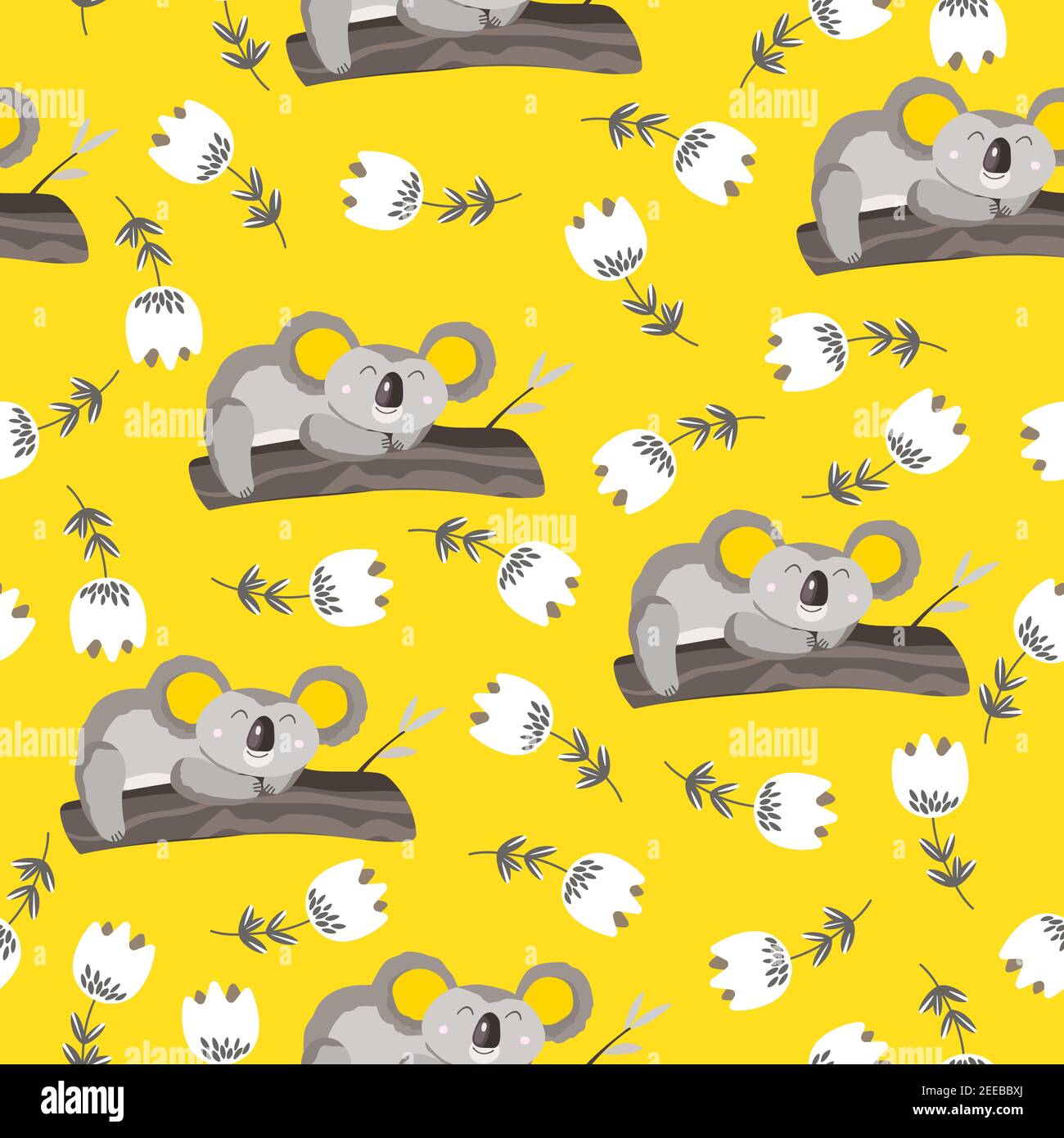 Seamless pattern with cute koala baby and flowers on color background ...
