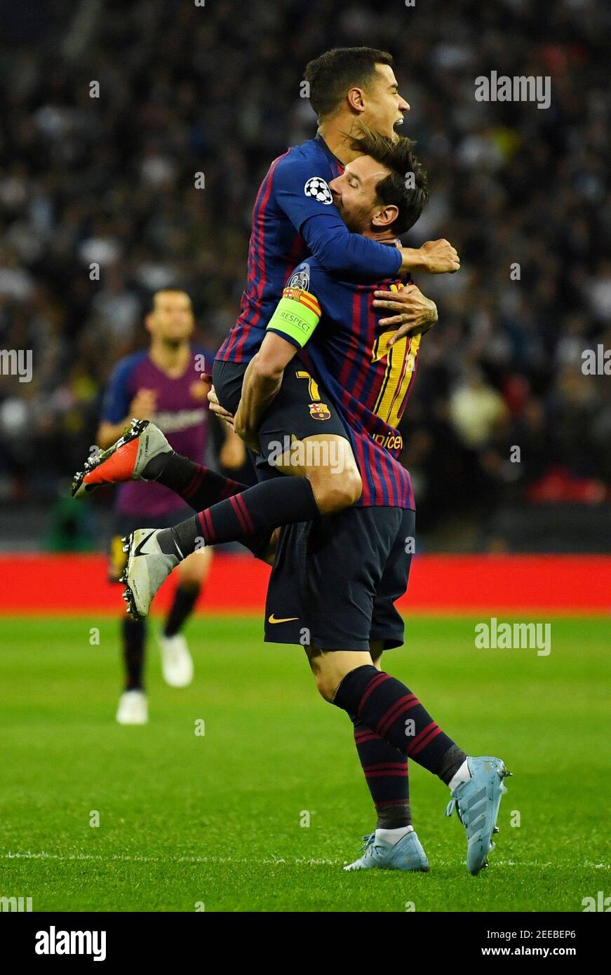 Soccer Football - Champions League - Group Stage - Group B - Tottenham Hotspur v FC Barcelona - Wembley Stadium, London, Britain - October 3, 2018  Barcelona's Philippe Coutinho celebrates with Lionel Messi after scoring their first goal   REUTERS/Dylan Martinez Stock Photo