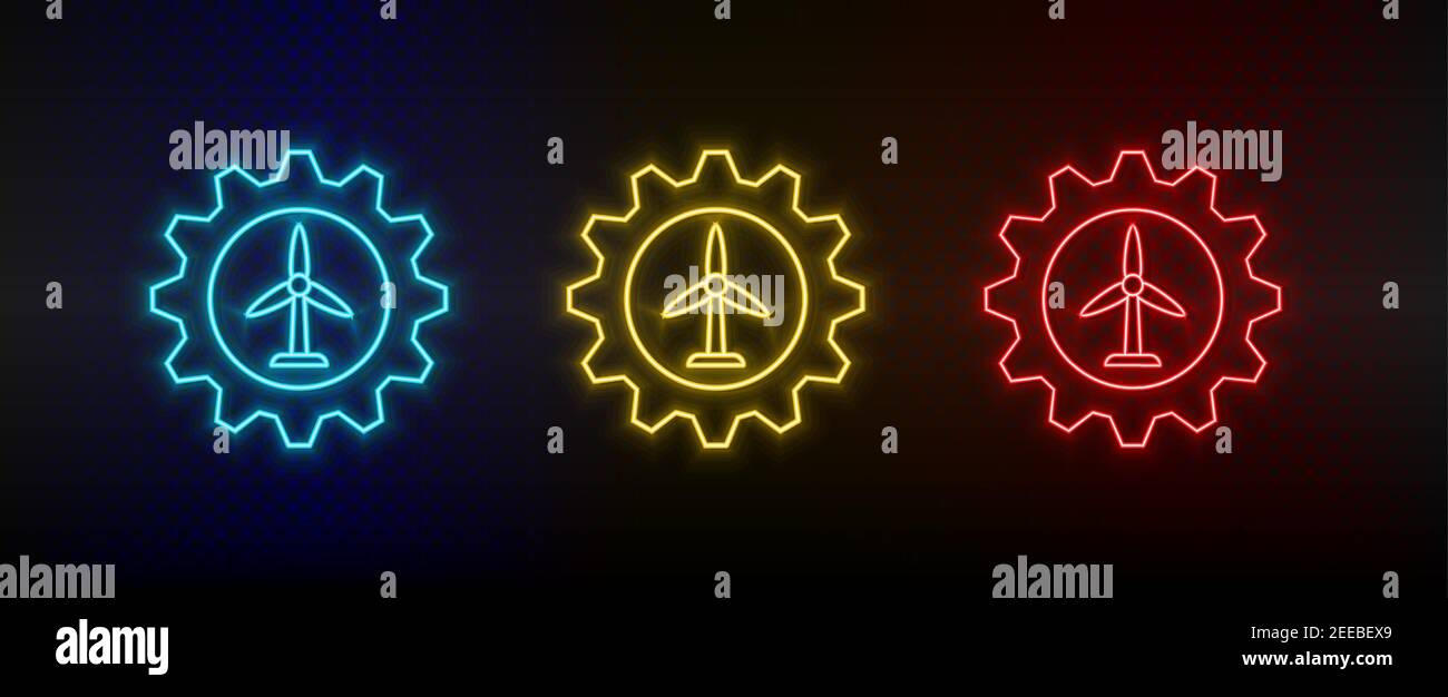 Neon icon set setting, wind energy, battery. Set of red, blue, yellow neon vector icon Stock Vector