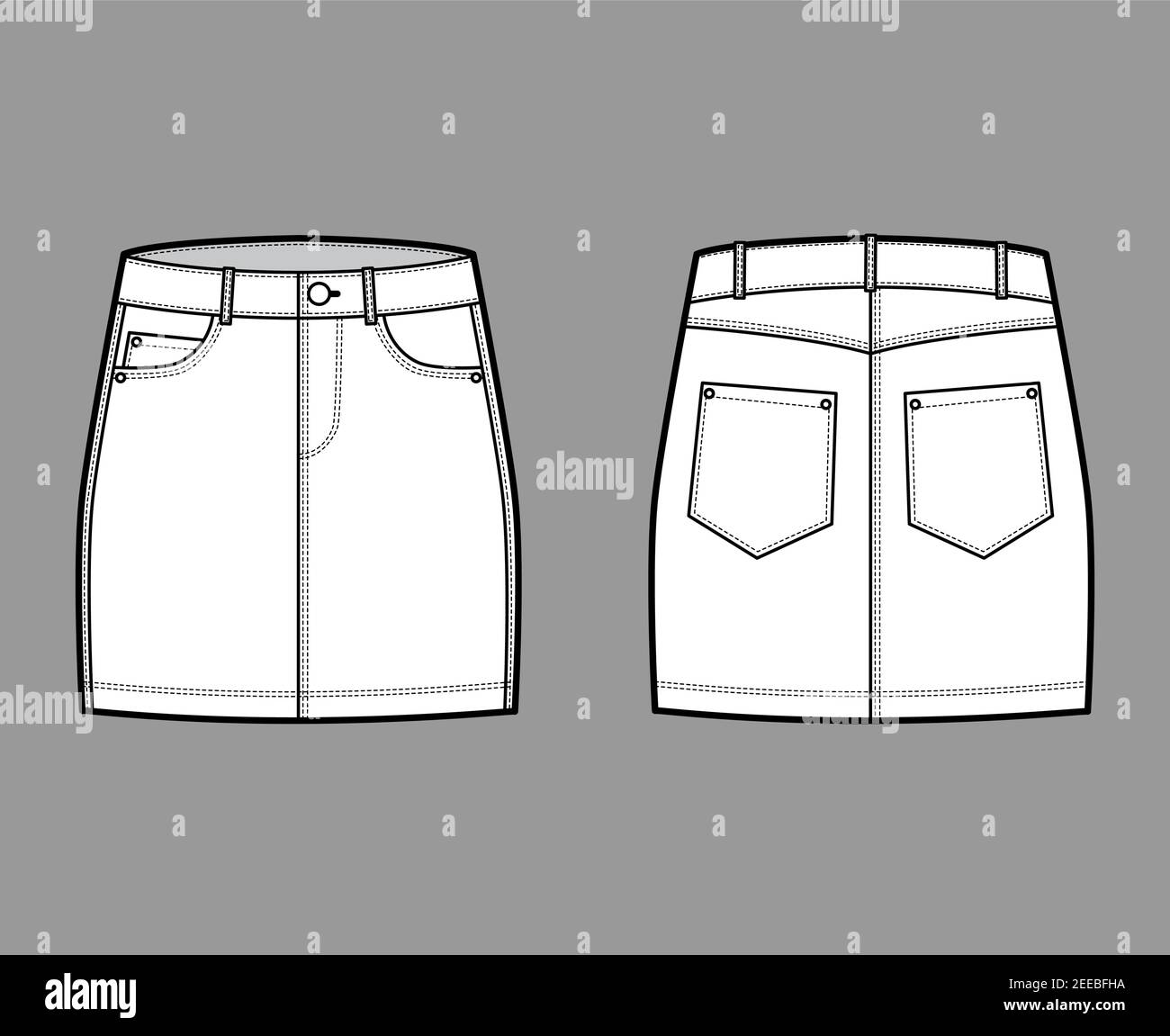 Denim skirt technical fashion illustration with mini length, low waist  rise, curved and angled pockets. Flat bottom template front, back, white  color style. Women, men, unisex CAD mockup Stock Vector Image &