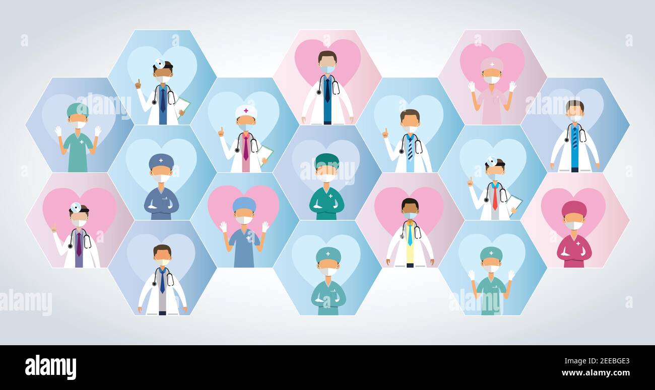 Composition of hexagons with a group of doctors in each one with a heart in the background on white background. Vector image Stock Vector