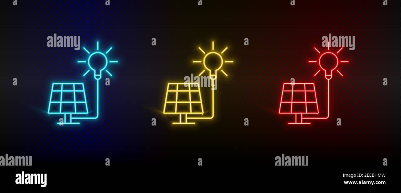 Neon icon set solar, charger, sun. Set of red, blue, yellow neon vector icon Stock Vector
