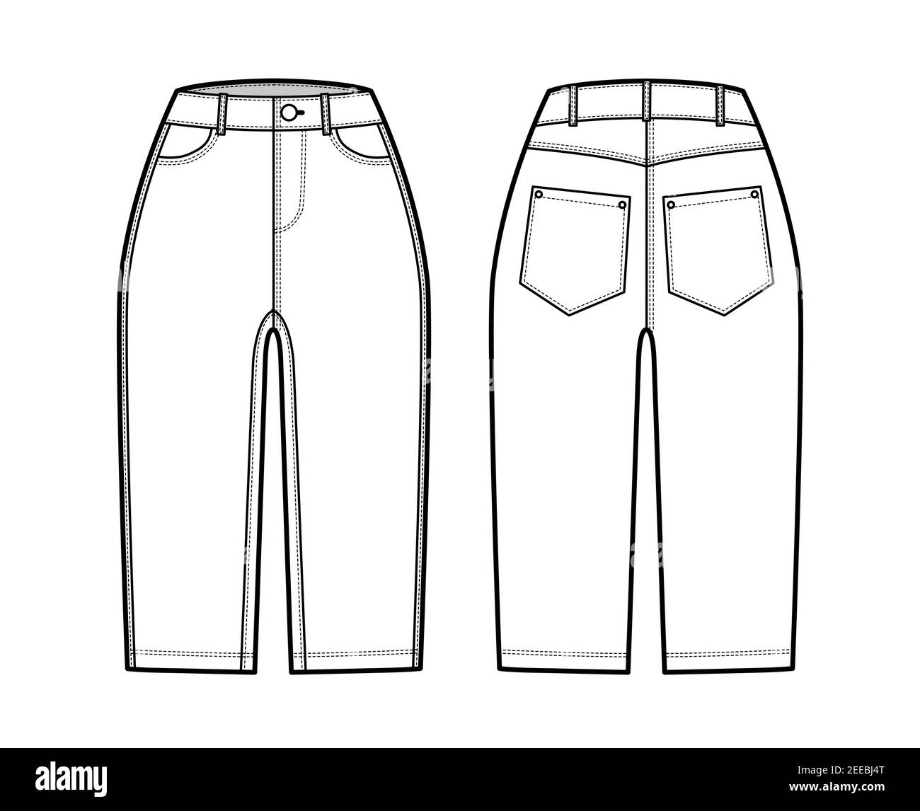 Denim short pants technical fashion illustration with knee length