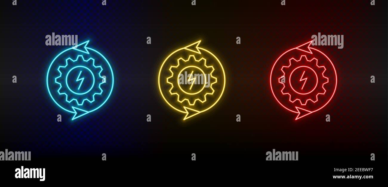 Neon icon set settings, eco, energy. Set of red, blue, yellow neon vector icon Stock Vector
