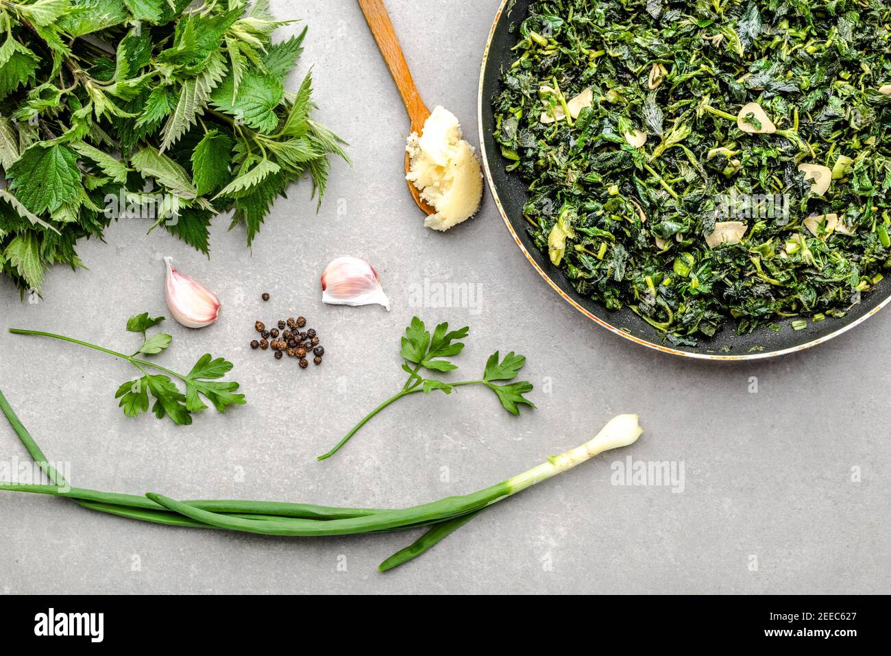 Cooking green vegetables. Healthy food, vegetarian pesto with green