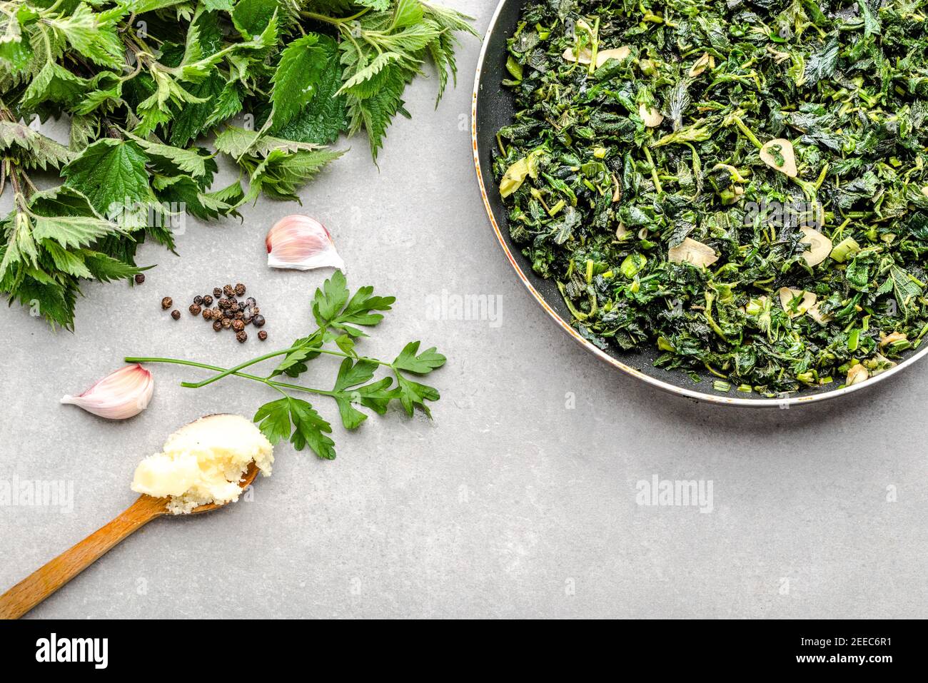 Cooking green vegetables. Healthy food, vegetarian pesto with green