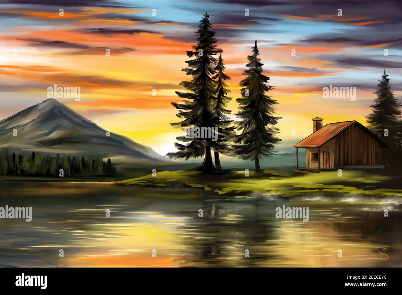 sunrise over the lake, summer landscape, house in the forest, digital art illustration painted with watercolors Stock Photo