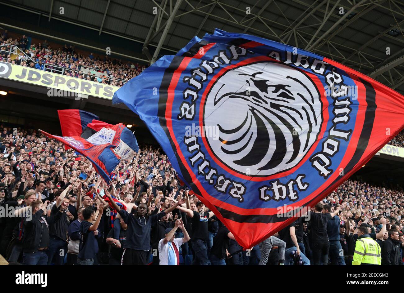 Soccer Football - Premier League - Crystal Palace vs West Bromwich Albion - Selhurst Park, London, Britain - May 13, 2018 Crystal Palace fans during the match REUTERS/Hannah McKay EDITORIAL USE ONLY. No use with unauthorized audio, video, data, fixture lists, club/league logos or "live" services. Online in-match use limited to 75 images, no video emulation. No use in betting, games or single club/league/player publications. Please contact your account representative for further details. Stock Photo