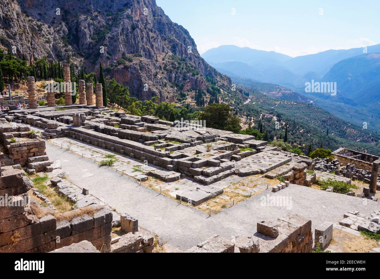 Temple of Apollo, location of the Ancient Greek oracles of Pythia in Delphi Stock Photo