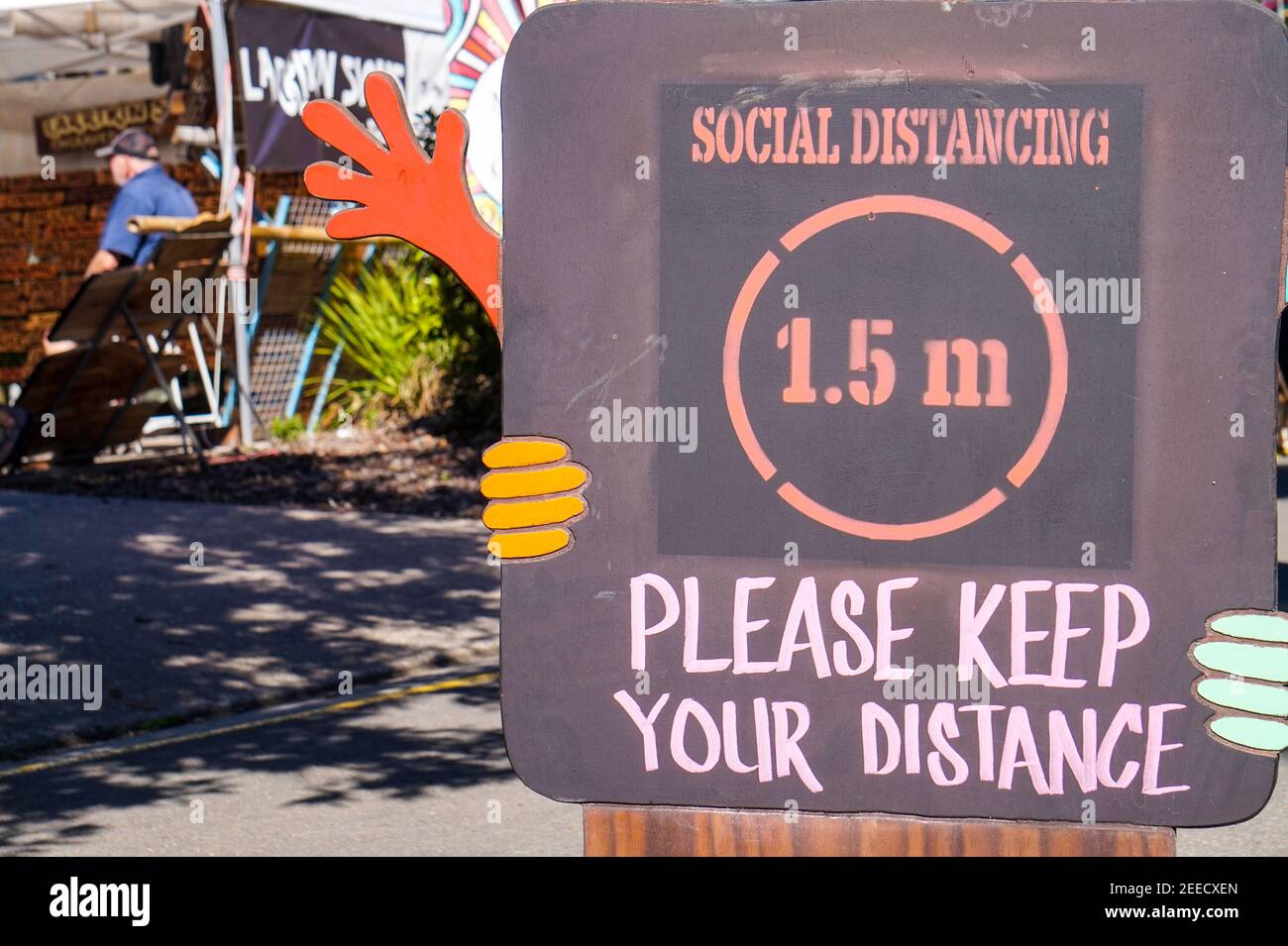 Social distancing sign at the Eumundi markets, Sunshine Coast, Australia Stock Photo