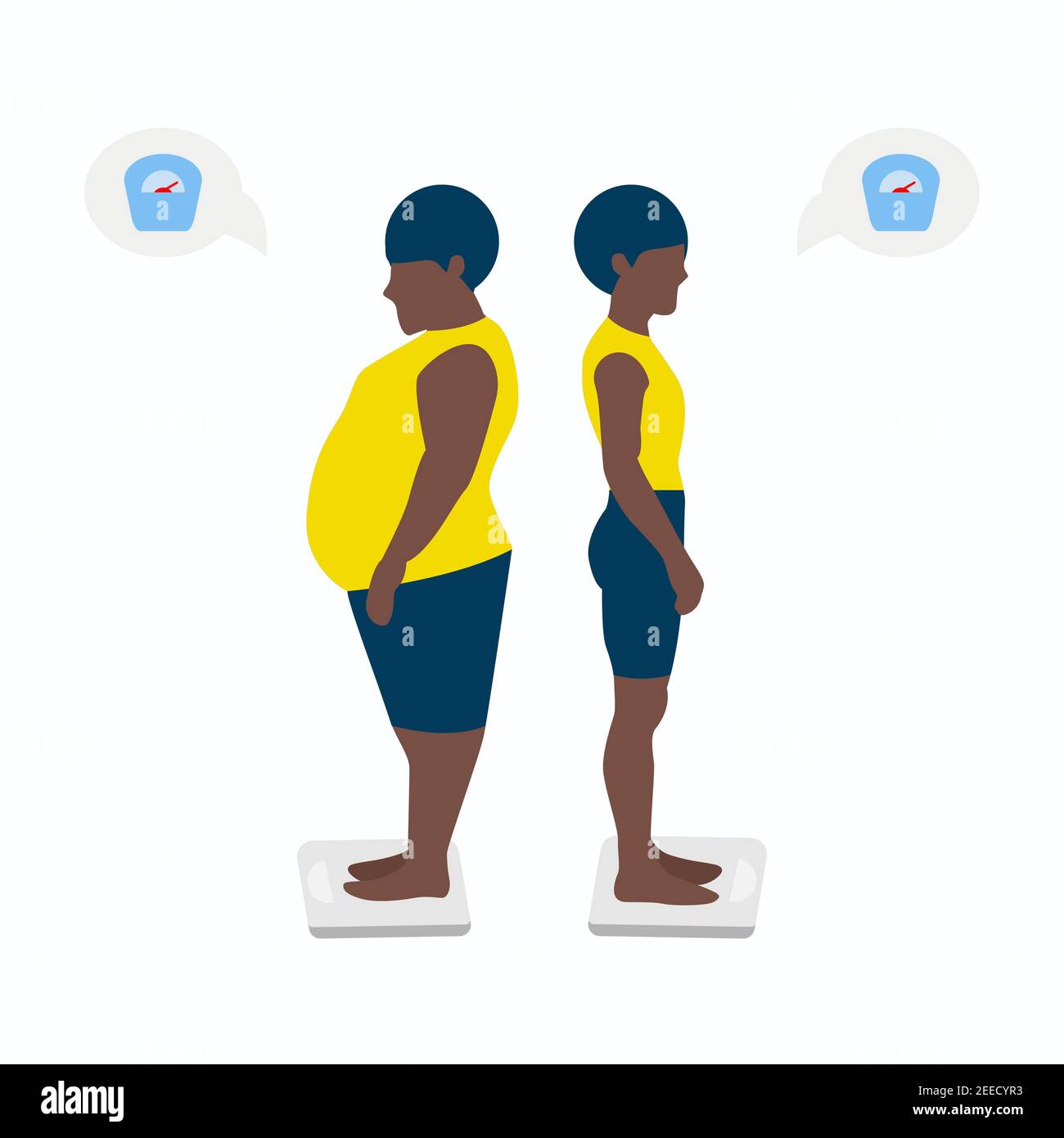 Vector Illustration of a black man showing the weight before and after. A fat and slim female figure. Eps 10 Stock Vector