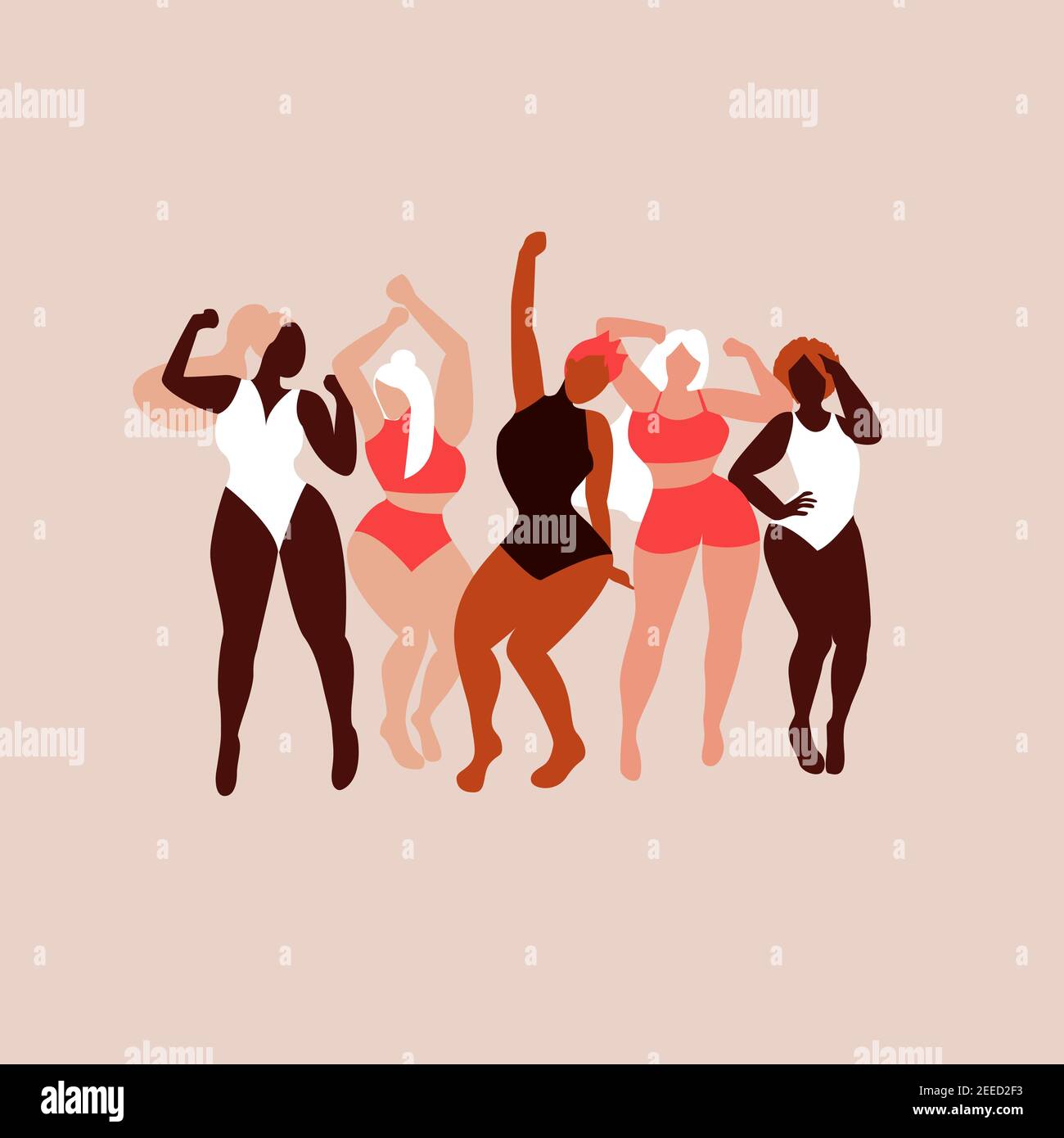 Body positive. Love your body. Different skin color and body size women characters dance in swimsuit. Flat vector illustration for postcard, banner Stock Vector