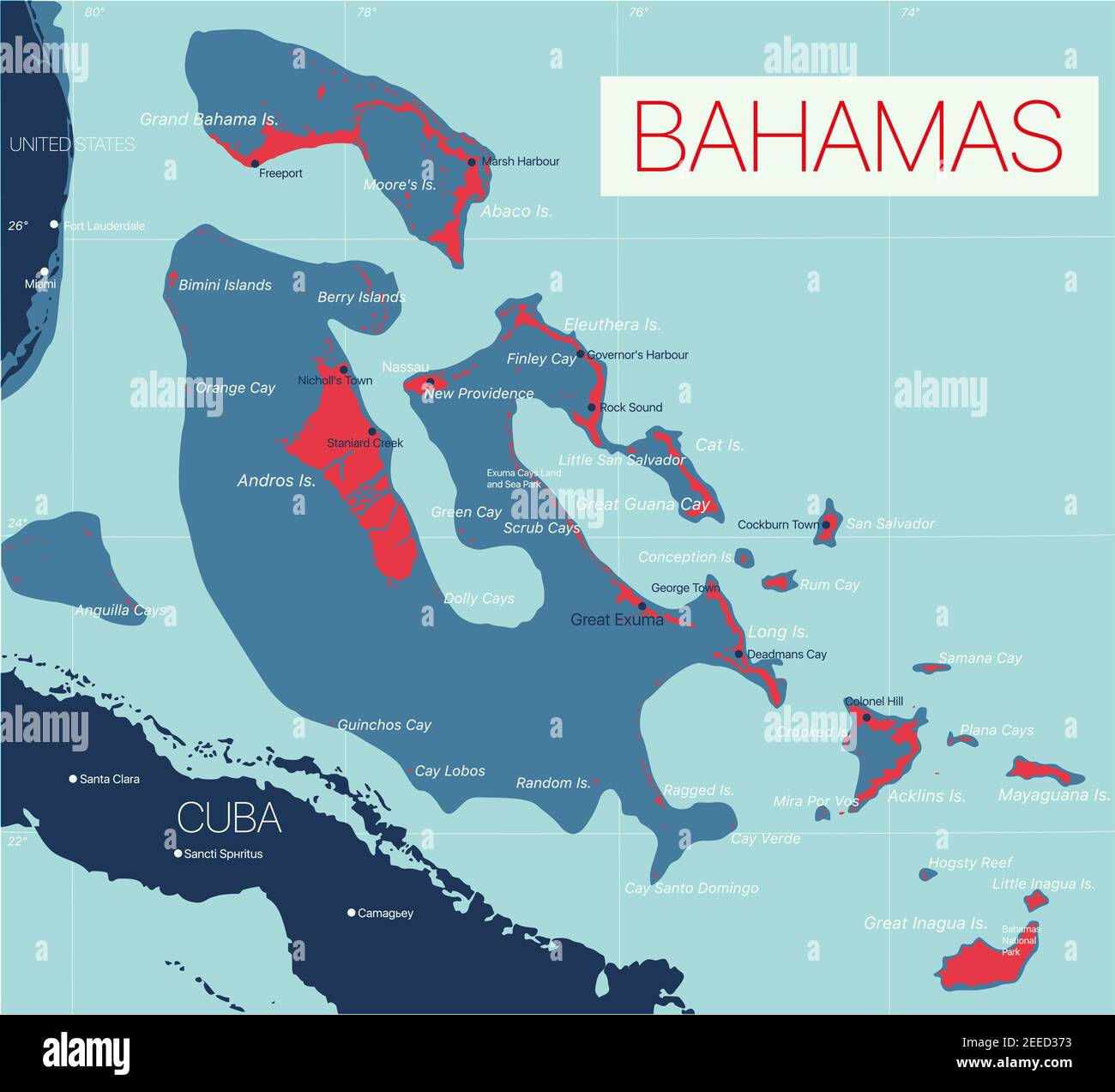 Bahamas detailed editable map with regions cities and towns, roads and railways, geographic sites. Vector EPS-10 file Stock Vector