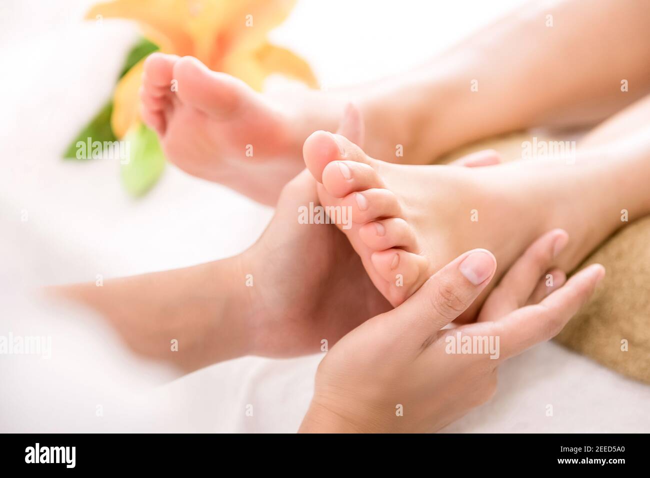 Professional therapist giving relaxing reflexology Thai foot massage treatment to a woman in spa Stock Photo