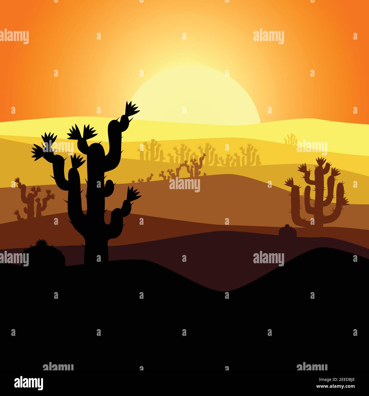 Desert Sunset and cactus stock illustration Vector . Stock Vector