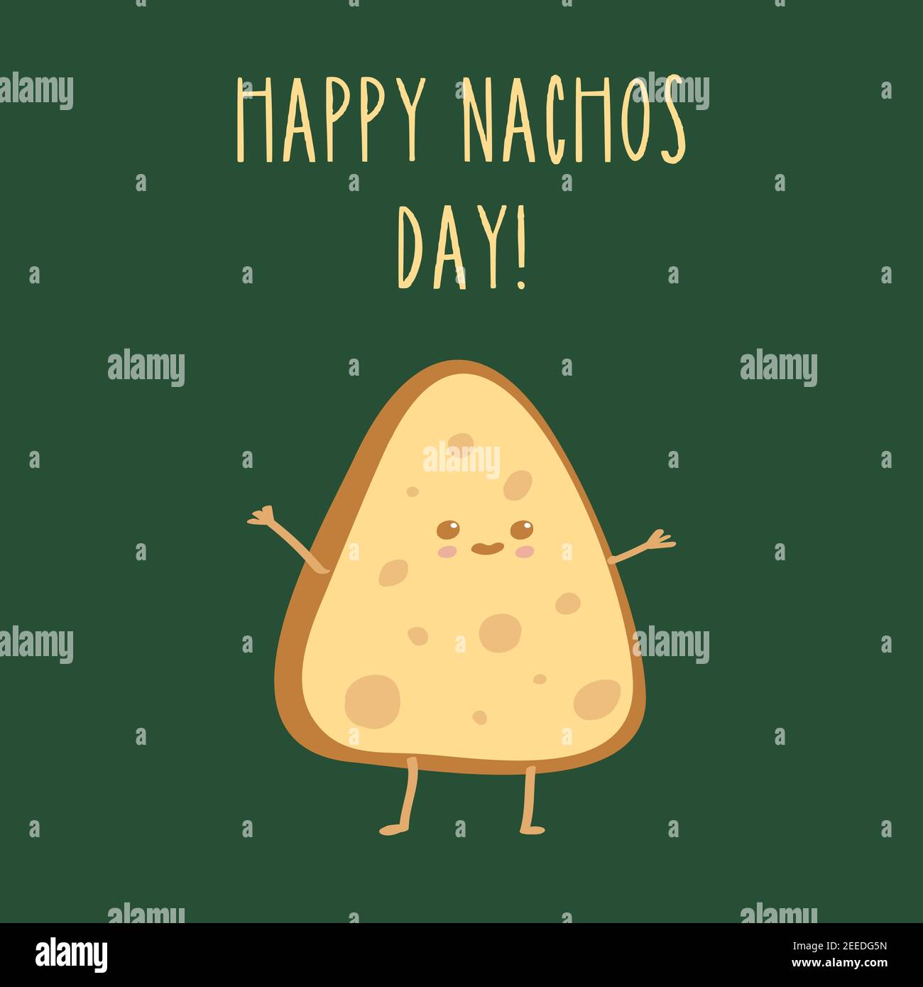 Happy Nachos Day. Cute happy funny yellow colored nacho. Vector cartoon character illustration icon design isolated on green background Stock Vector