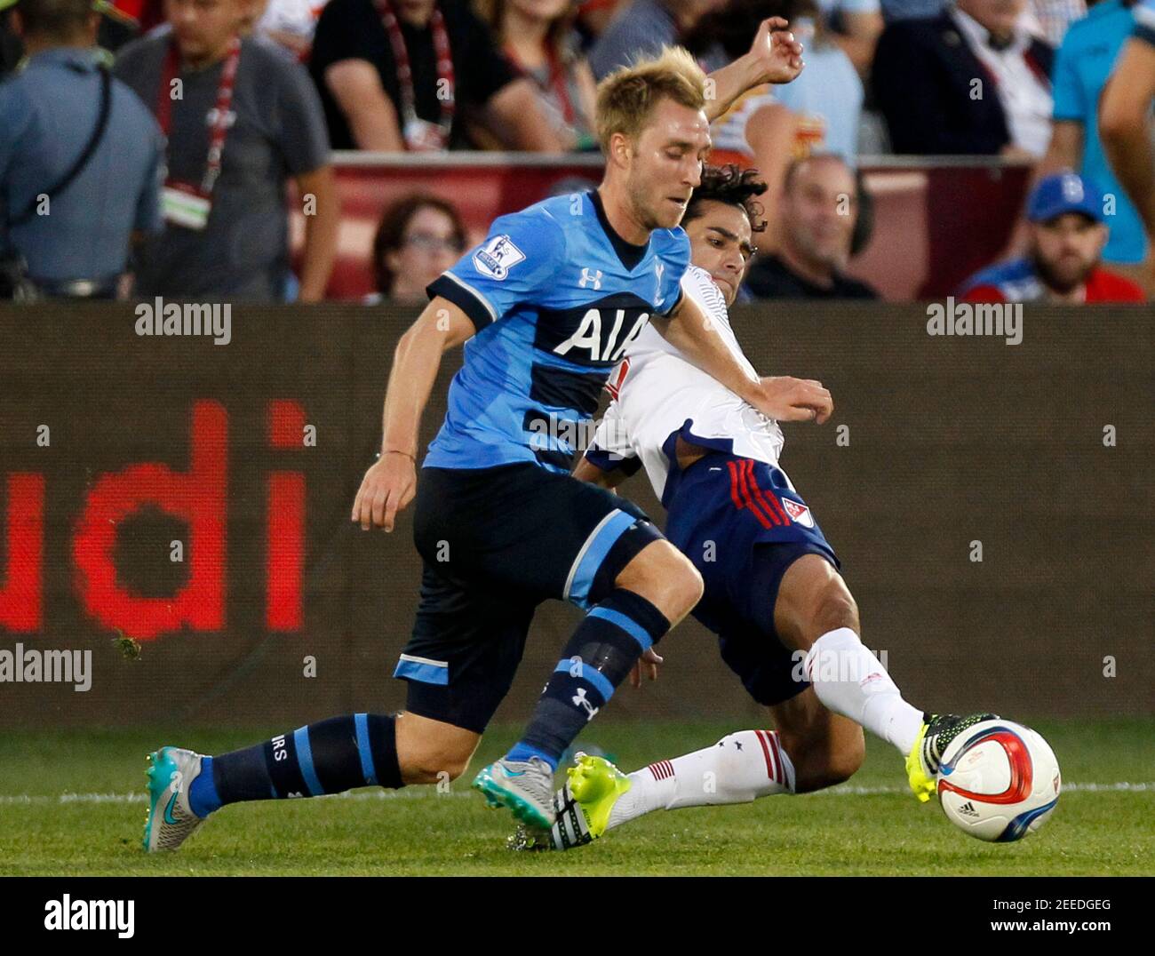 Football - MLS All-Stars v Tottenham Hotspur - AT&T MLS All Stars Game - Pre Season Friendly - Dick's Sporting Goods Park, Colorado, United States of America - 29/7/15  Tottenham's Christian Eriksen in action with MLS All-Star's Tony Beltran  Action Images via Reuters / Rick Wilking  Livepic Stock Photo