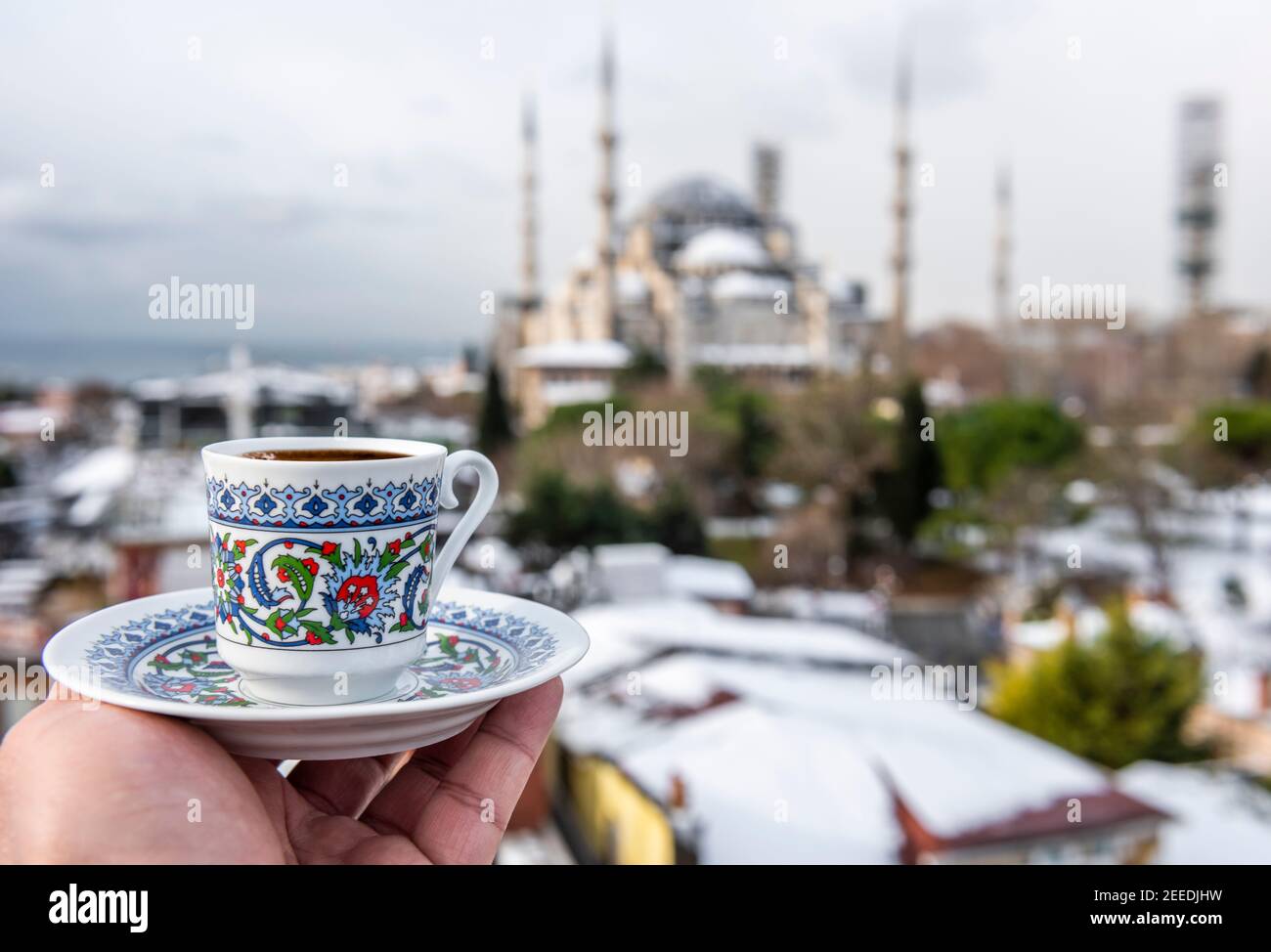 Turkish Coffee with Blue Mosque background in Istanbul, Turkey