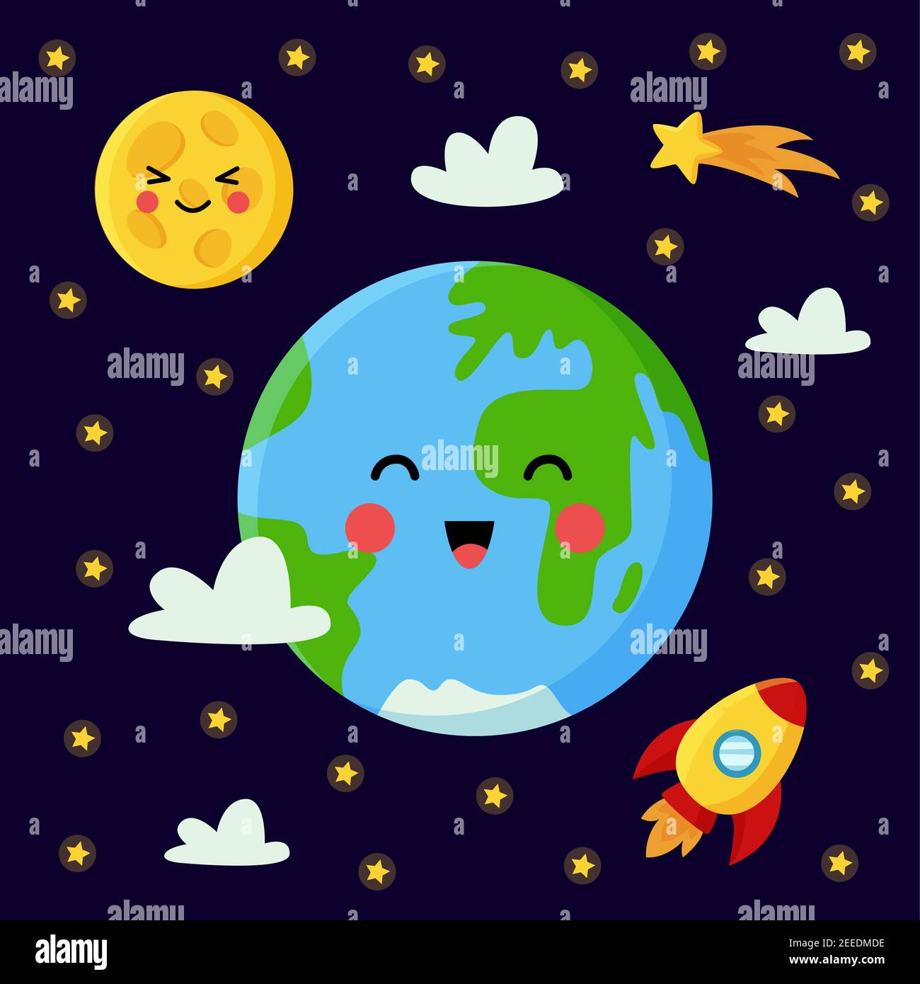 Vector illustration of cute planet Earth and Moon in cartoon style ...