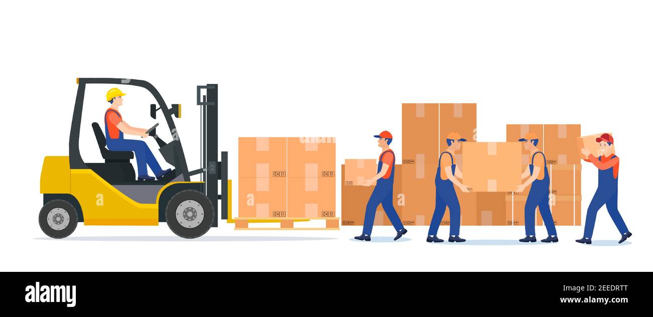 Men loading boxes on forklift. Delivery service. Stock Vector