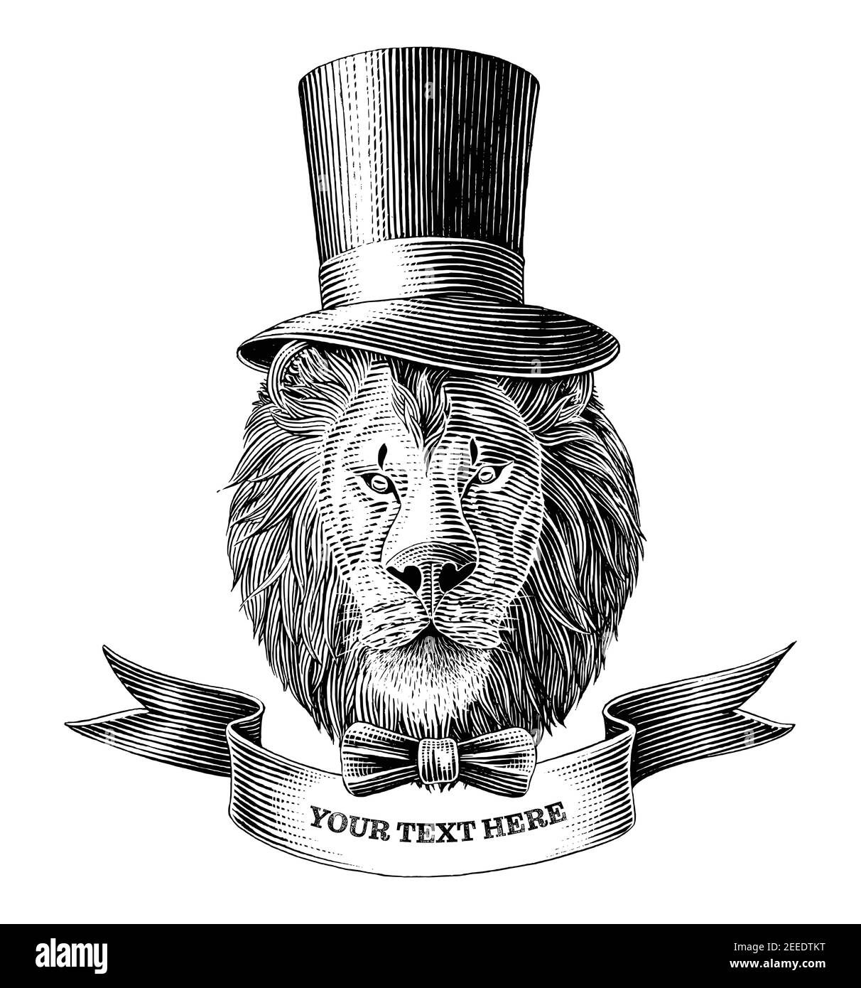 The lion man logo with banner hand draw vintage engraving illustration black and white clip art isolated on white background Stock Vector
