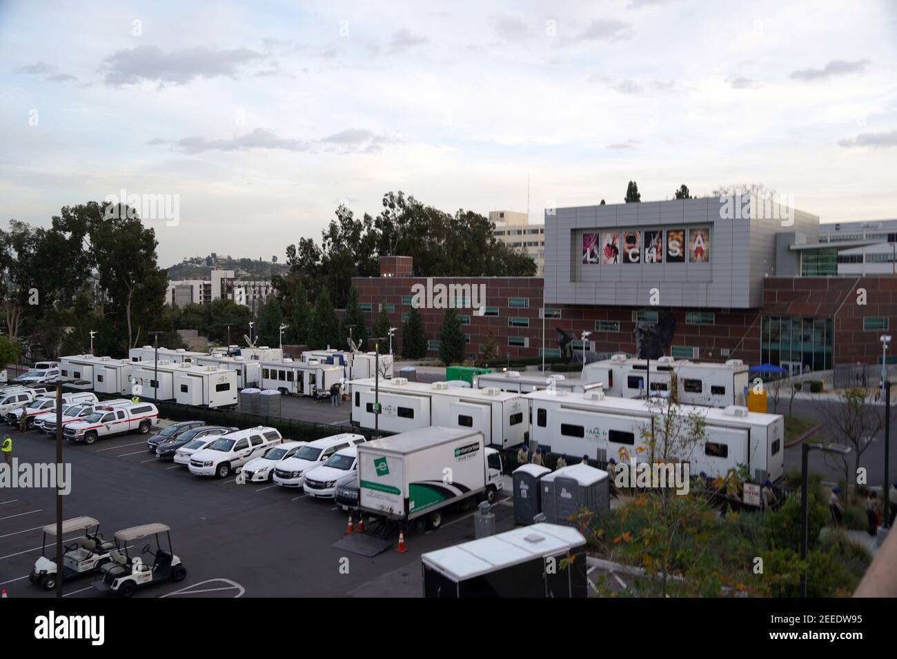 A general view of a Super Point-of-Distribution coronavirus COVID-19 mass vaccination site in a Call State LA parking lot, Tuesday, Feb. 15, 2021, in Stock Photo