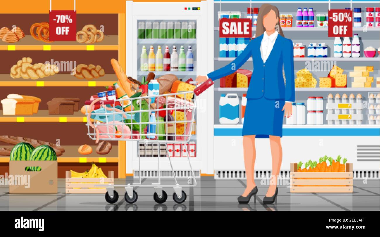 Supermarket store interior with goods. Big shopping mall. Interior store  inside. Woman customer with cart, grocery, drinks, food, fruits, dairy  products. Vector illustration in flat style Stock Vector Image & Art -