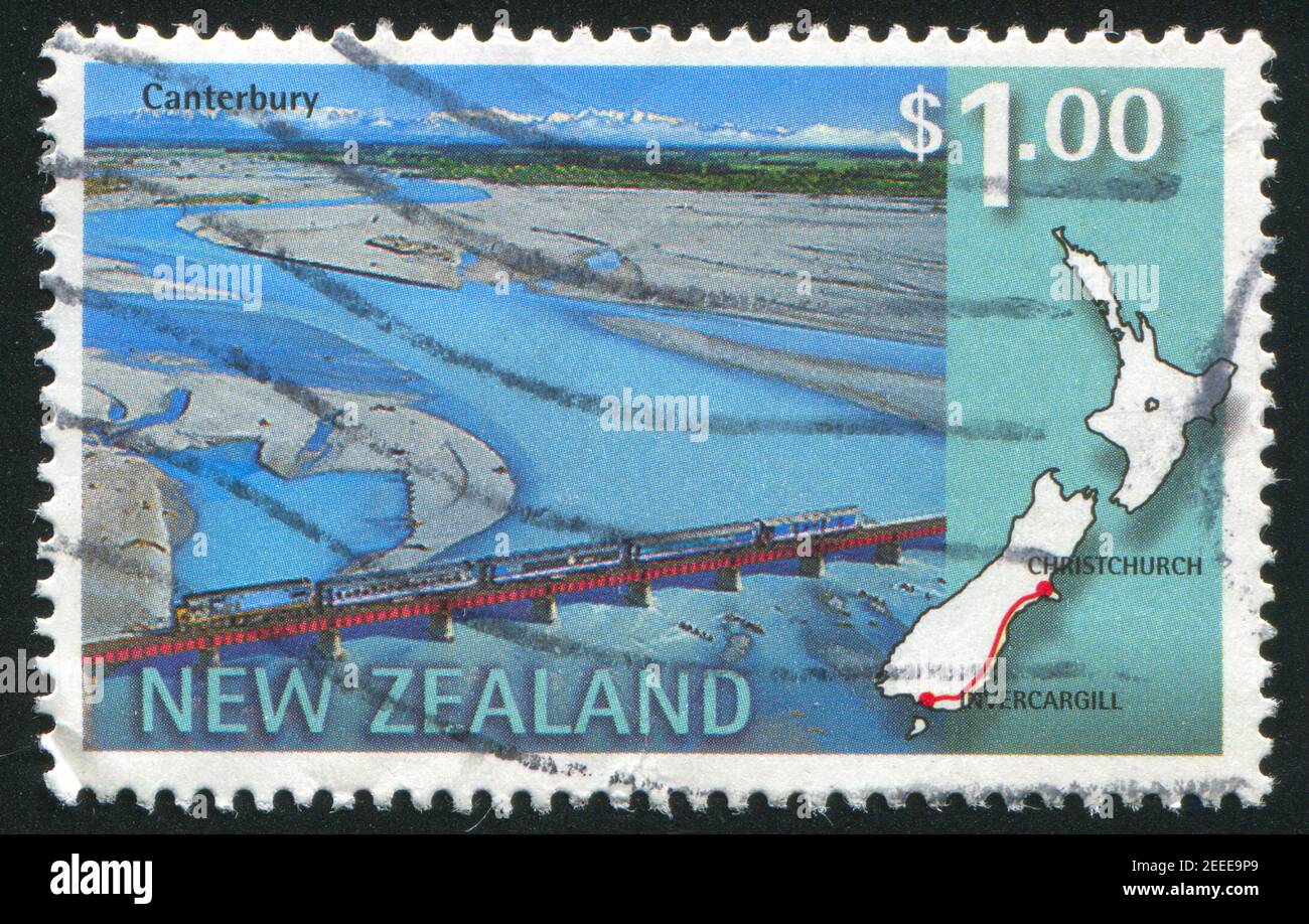 NEW ZEALAND - CIRCA 1997: stamp printed by New Zealand, shows Southerner scenic train, Canterbury, Invercargill-Christchurch, circa 1997 Stock Photo