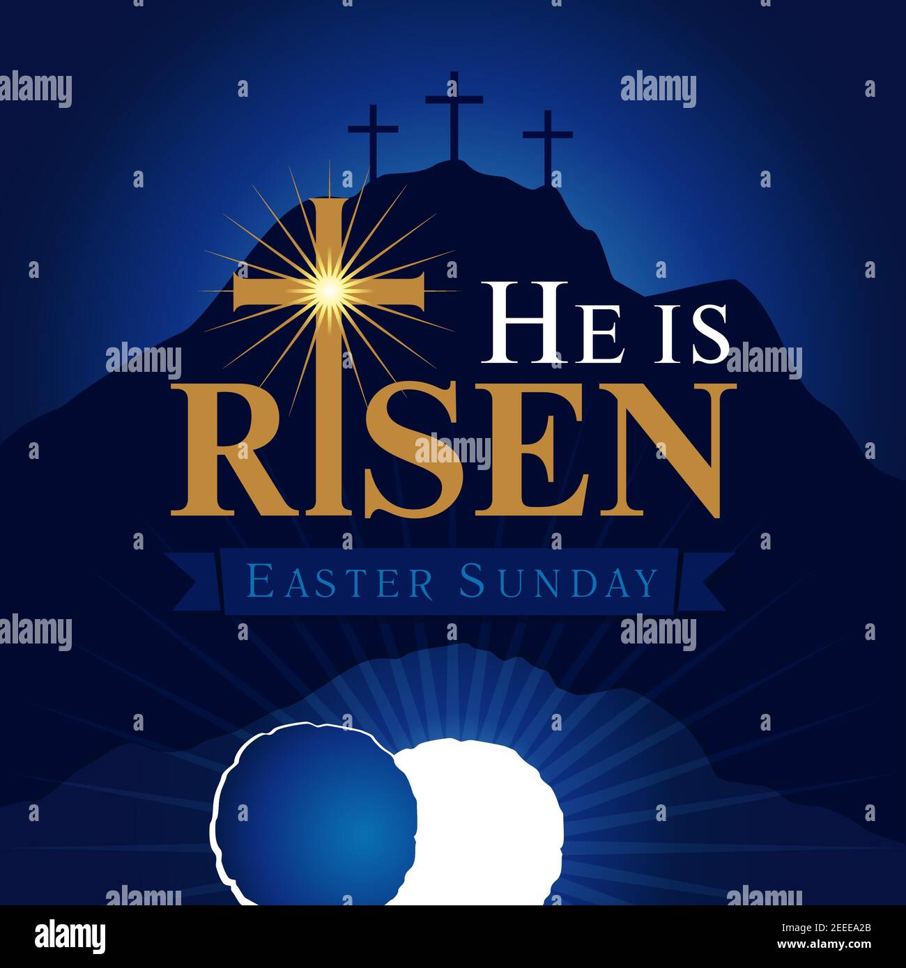 Easter Sunday, He is risen. Greetings, invite vector card. Calvary sunrise with three crosses, open lighting empty cave and stone. Religious symbol. I Stock Vector