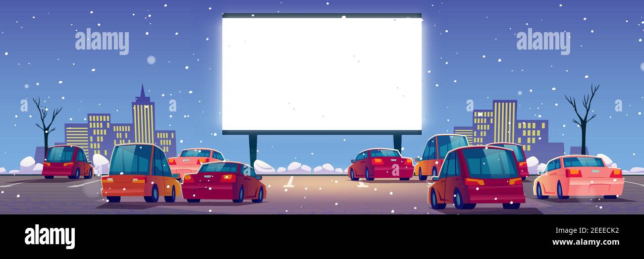 Outdoor cinema, drive-in movie theater with cars on open air parking at  winter. Vector cartoon landscape of night city with snow, glowing blank  screen and automobiles Stock Vector Image & Art -