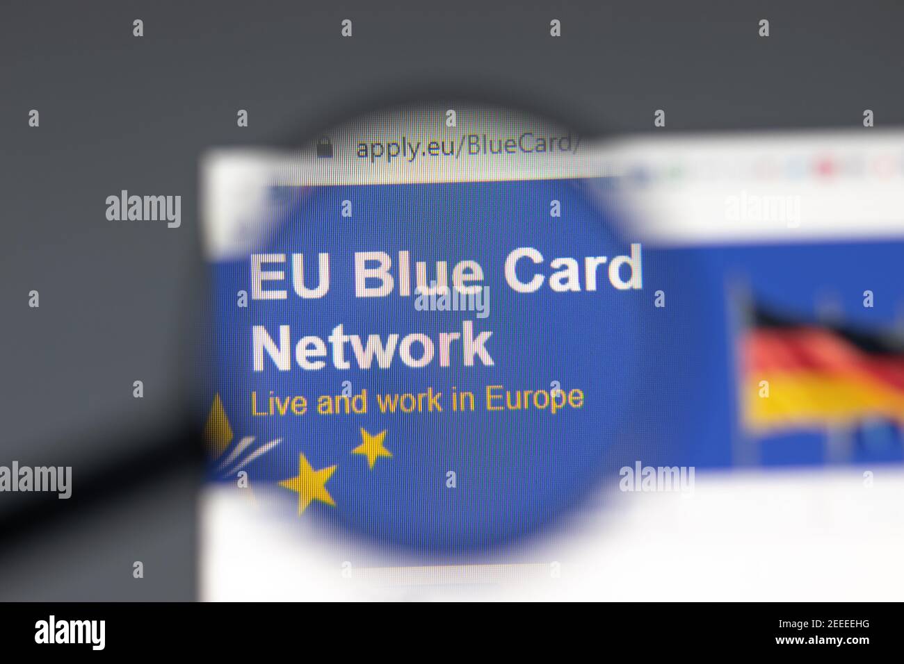 New York, USA - 15 February 2021: EU Blue Card website in browser with company logo, Illustrative Editorial Stock Photo