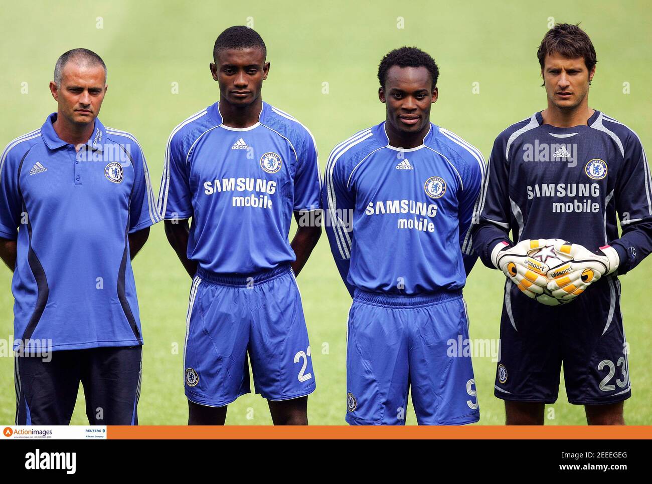 Football - Chelsea - adidas Official Kit Launch 2006/07 - Stamford Bridge -  20/7/06 Chelsea manager Jose Mourinho (L), stands with Salomon Kalou (2nd  L), Michael Essien (2nd R) and Carlo Cudicini (